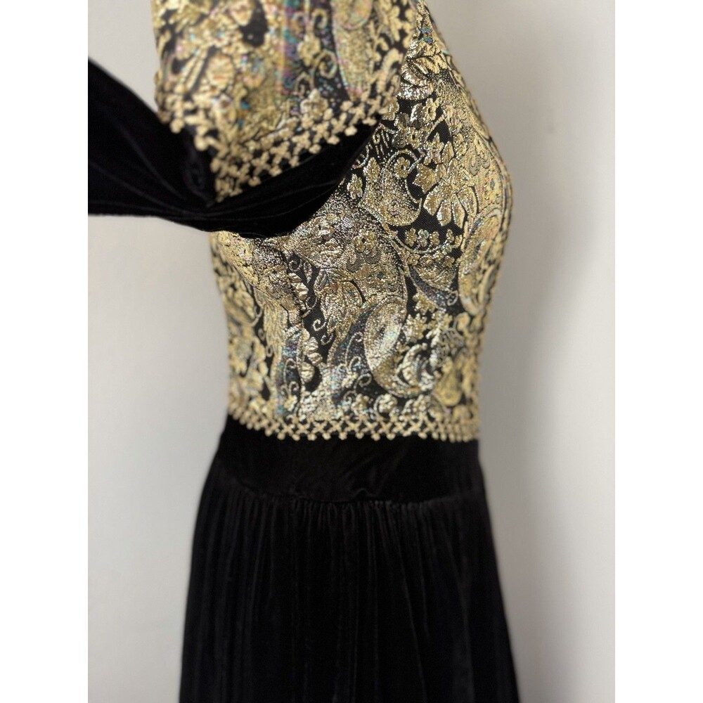 Jessica McClintock Vintage Black Velvet Gold Brocade Dress 12 Prairie Victorian - Picture 5 of 16